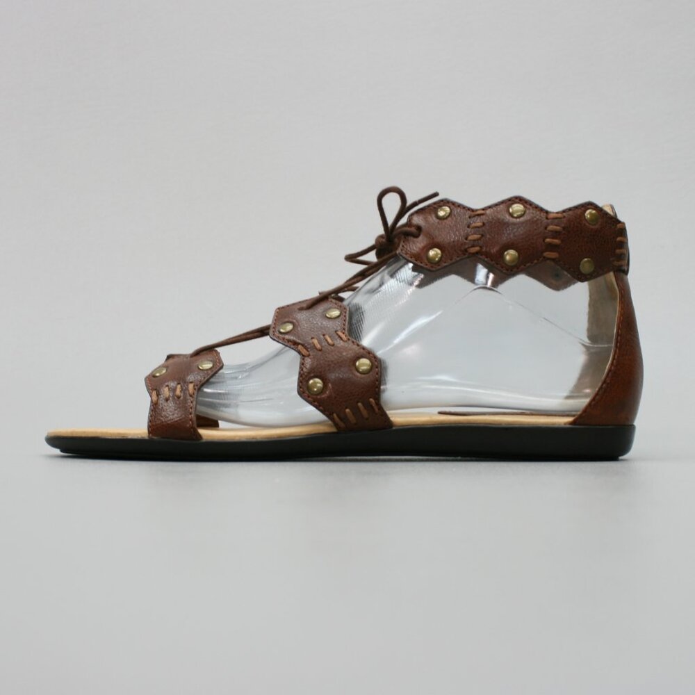 Frye Ladies 9 Laney Lace Brown Leather Open-toe Flat Slingback Gladiator Sandals - Picture 2 of 12